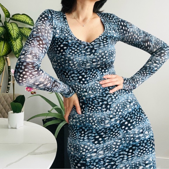 BCBG Blue Aqua Bodycon Dress with Long Sheer Sleeves - Picture 3 of 8